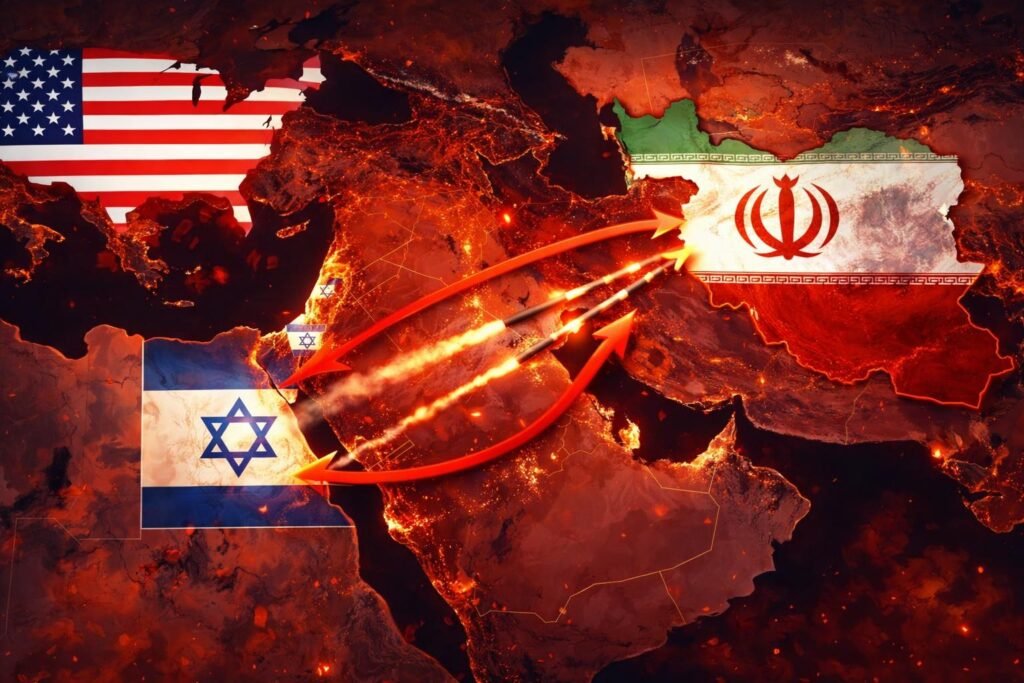 geopolitical_news_illustration_showing_Middle_East_map_with_Iran_Israel_and_USA_Kudos Press